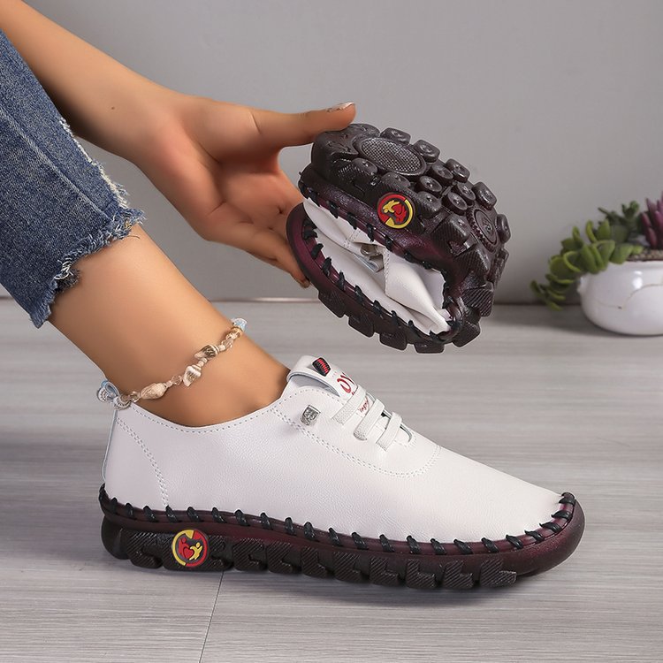 Stitched Flats, Comfortable Flats-Soled Lace-Up Mom's Shoes, Wide Fat Feet, Tendon Soles, Soft Soles, Soft Surfaces, Middle-Aged Large Size Women's Shoes