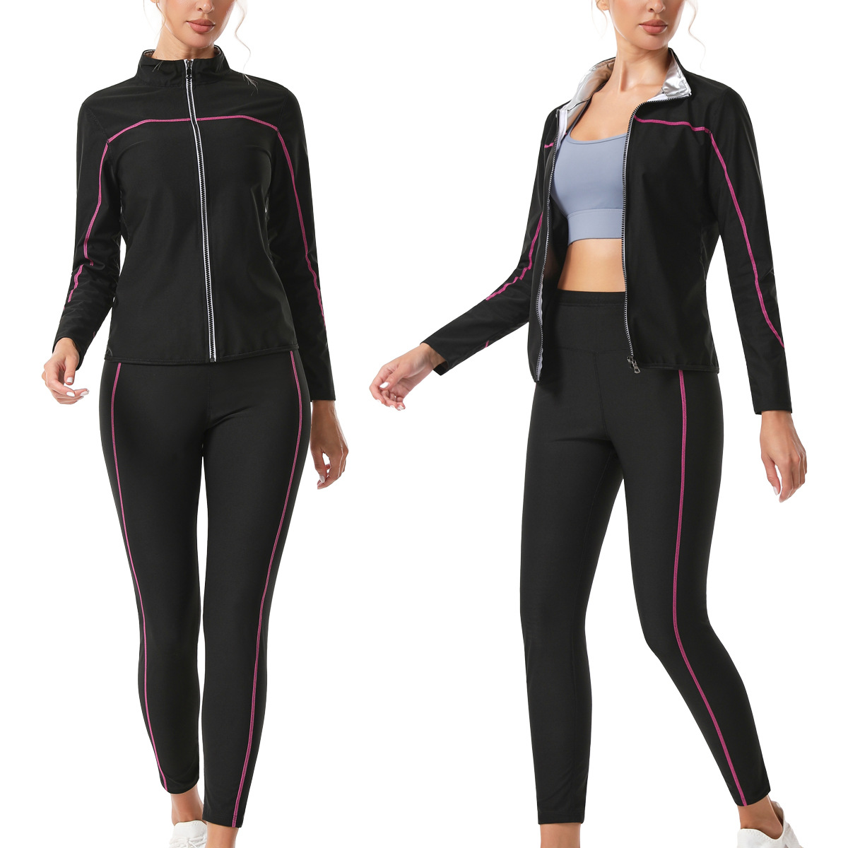 Cross-Border Shapewear Sweat High-Waist Tummy Control Pants Yoga Suit Sports Sauna Zipper Long-Sleeved High-Neck Fitness Suit