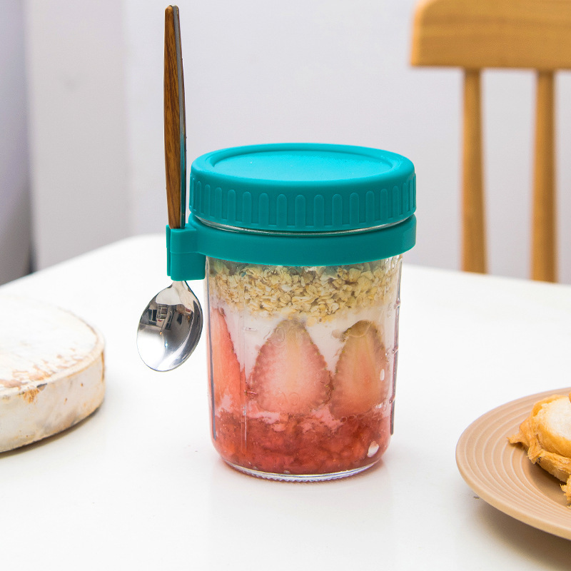 Overnight Oatmeal Cup Glass with Lid and Spoon Sealed Light Food Breakfast Cup Portable Milk Salad Yogurt Cup