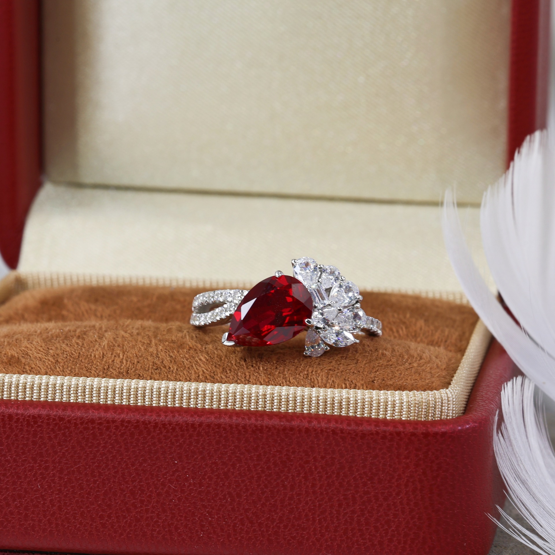 2.8ct Cultivated Ruby Pigeon Red Red Ring S925 Silver Advanced Elegant Retro Temperament Water Drop Pear Shape Temperament