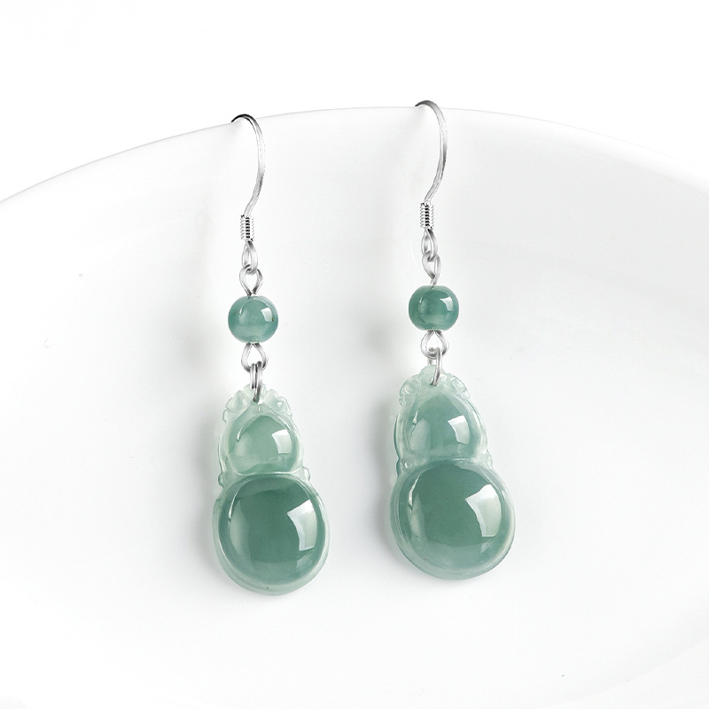 High-grade natural A goods jade blue water gourd earrings S925 silver ice jade stone fashion women's earrings earrings