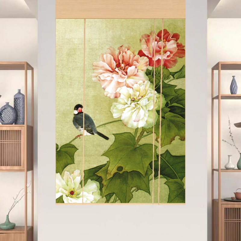 Chinese-Style Floral and Bird Bamboo Curtain for Tea Room and Living Room, Chinese-Style Partition Door Curtain, Printed Study Room Curtain