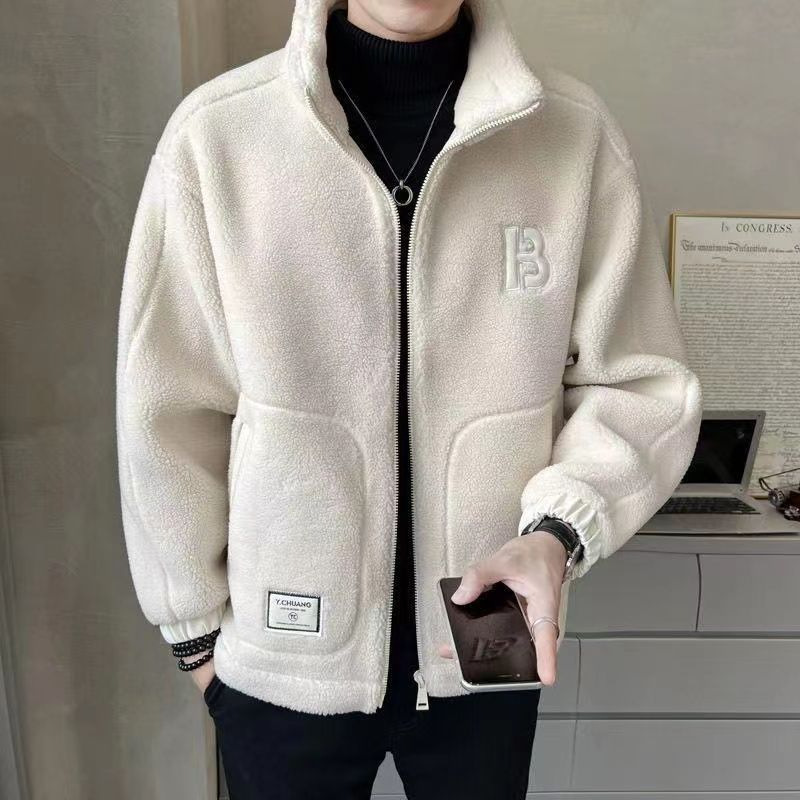 2023 New Korean Style Men's Lamb Velvet Cotton Outwear Fleece-Lined Thickeneded Outwear Men's Autumn and Winter Boys' Casual Clothing Trendy Brand