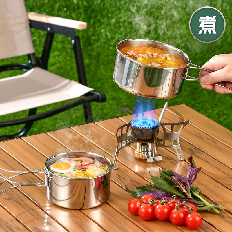 Factory Direct Supply Amazon Outdoor Set Pot Combination Camping Portable Foldable Handle 304 Cookware Set Pot Cross Border