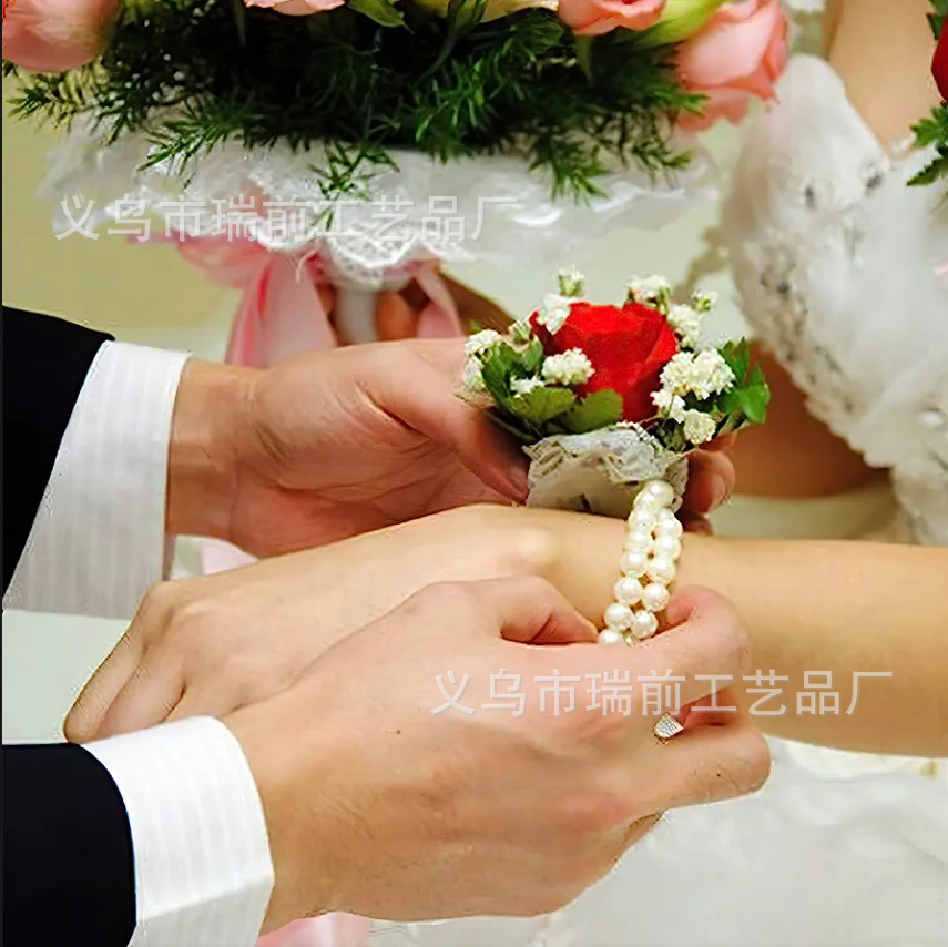 Bride Bridesmaid Pearl Wrist Flower Bracelet Pearl Chain Wrist Reholder Pearl Lace Reholder Wedding Supplies