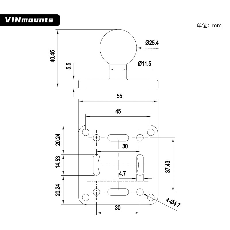 1inch Series B Size Vin-B-004 Square Ball Head Fixed Base Bracket Hole Spacing 37.5X30Mm