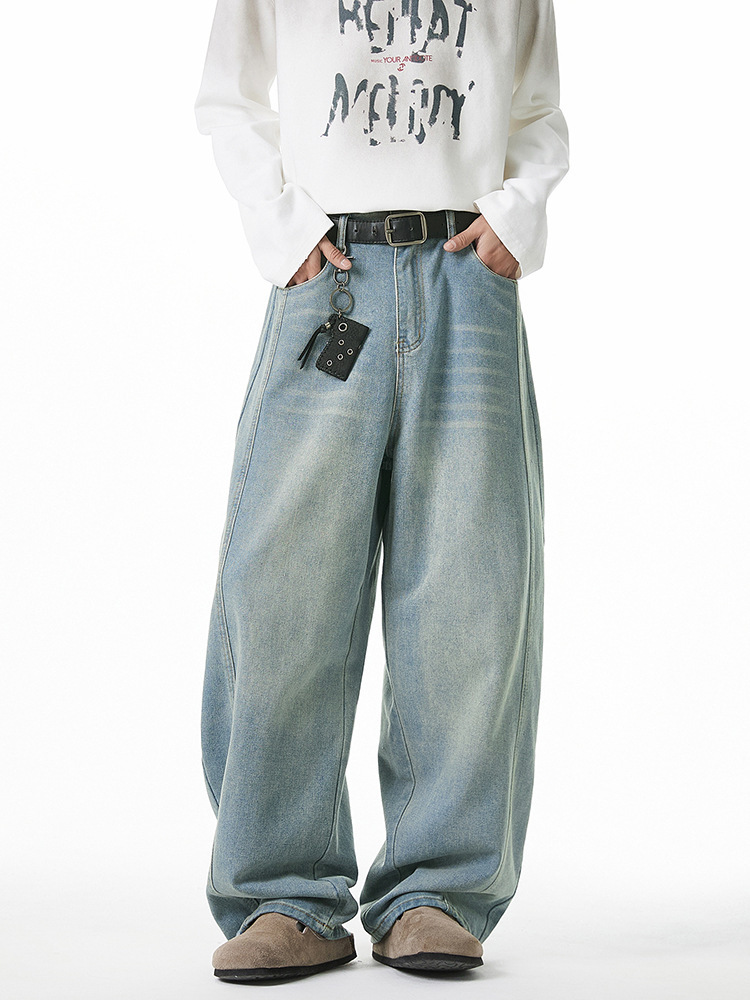 Loose Silhouette Washed Jeans for Men Spring and Summer New Side Split Design Carrot Pants American Retro Long Pants