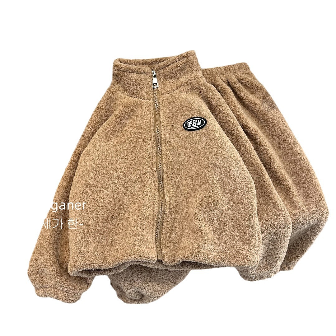 New Children's Double-sided Fleece suit Autumn and Winter Baby Warm Woolen Sweater Two-piece Set for Boys and Girls Windproof Collar