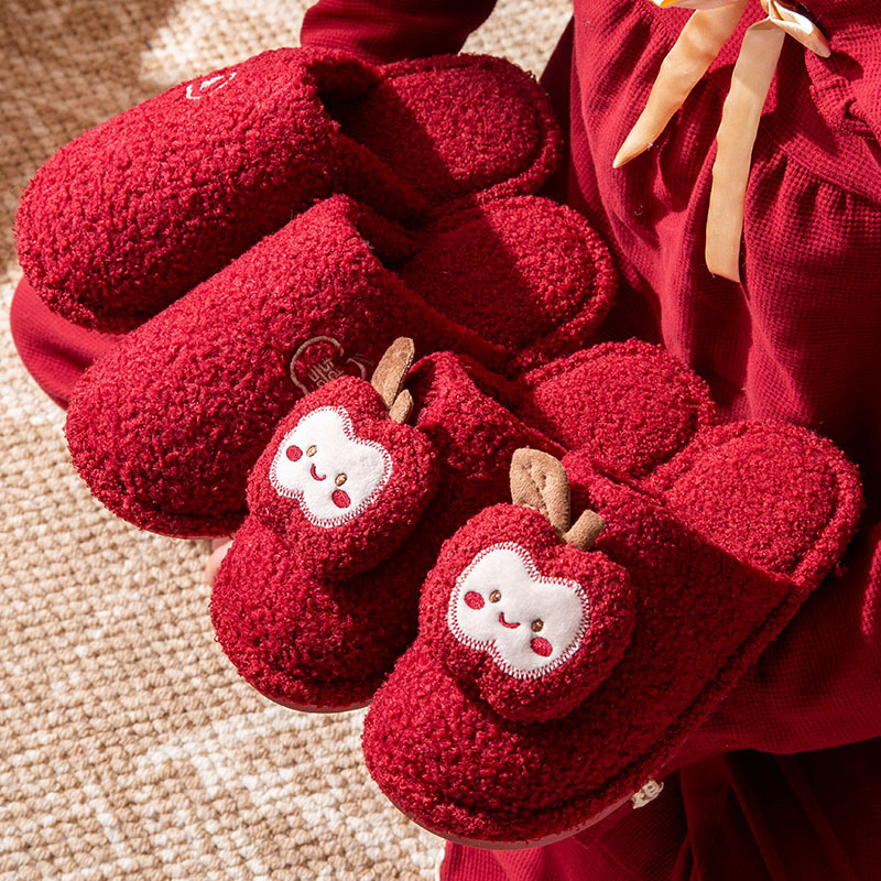 Пара свадебных тапочек для зимней невесты и жениха, домашние парные красные праздничные тапочки в виде яблок