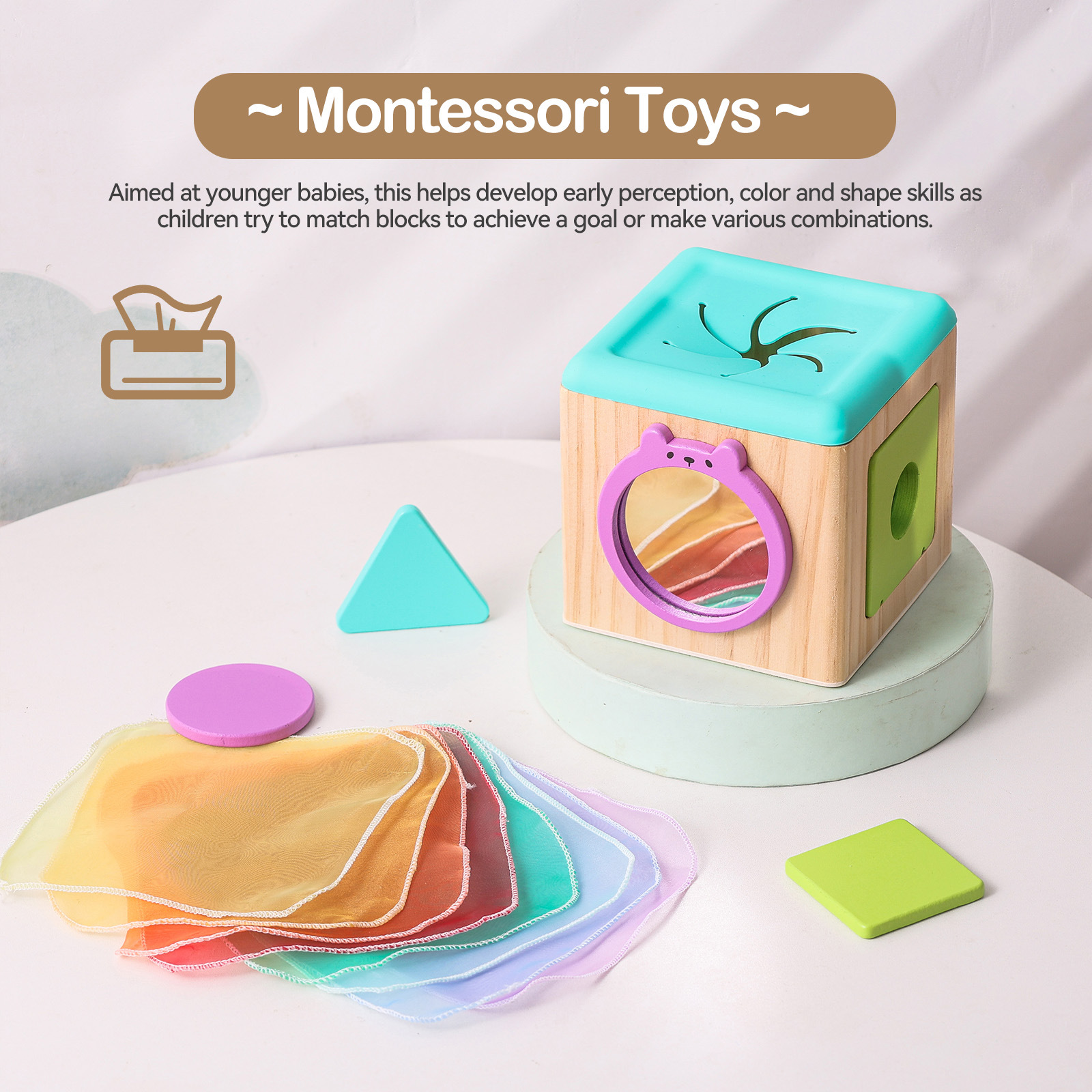 Montessori Wooden Permanent Box Coin Box Tissue Box Shape Sorter Toddler Learning Toy Set Column Set