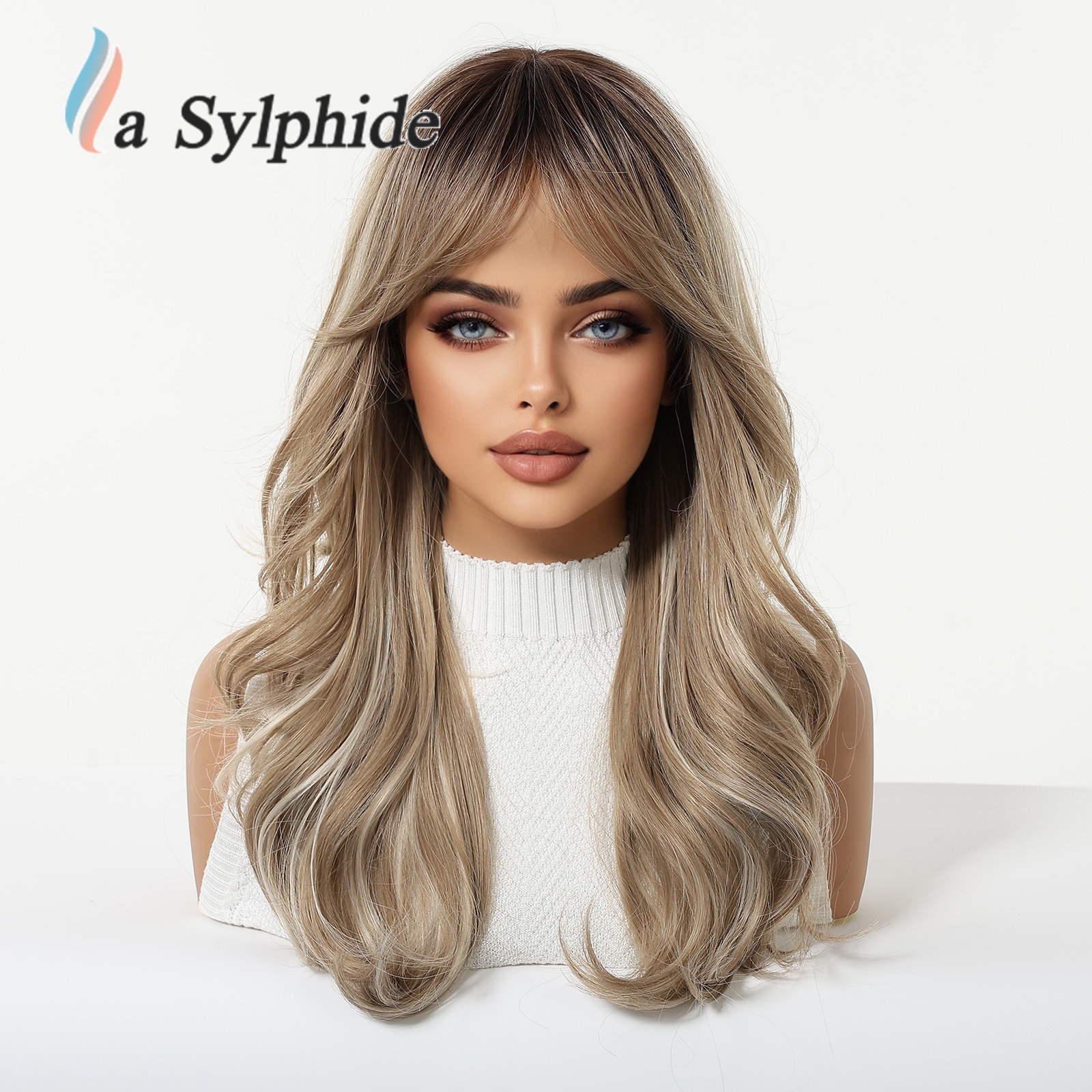 New Wig for Women with Full Headband with Bangs Golden Long Curly Hair High Temperature Silk Chemical Fiber Mechanism Amazon Best Selling Wigs