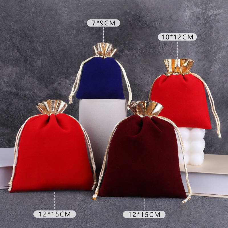 Red High-End Velvet Bag with Gold Edge and Gold Mouth Jewelry Bag Drawstring Pocket Gift Jewelry Packaging Bag Wholesale Direct Sale