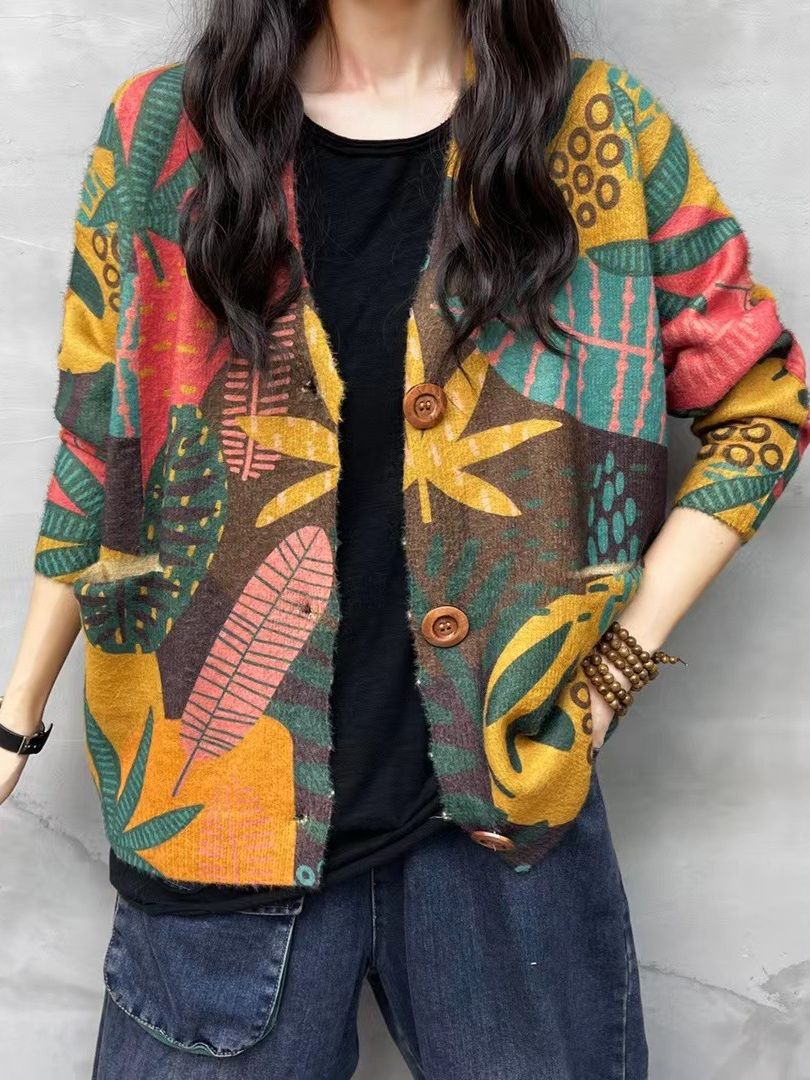 Knitted Sweater for Women, Autumn and Winter 2025 New Ethnic Style Yunnan Print V-Neck Cardigan, Mink Velvet Women's Outerwear, Cross-Border