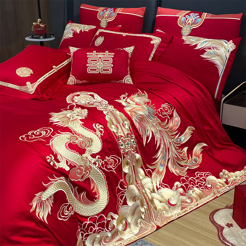 Light Luxury Big Red Wedding Four-Piece Set of Pure Cotton Bedding Dragon and Phoenix Embroidered Bed Sheetss and Quilt Covers Wedding Bedding