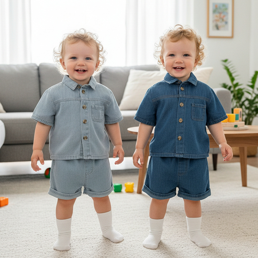 2026 Новая летняя одежда для маленьких и средних детей, корейский стиль джинсовые костюмы для мужчин и женщин, короткие рукава джинсы, модные двухпредметные комплекты
