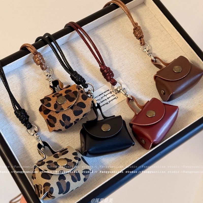 Винтажная сумочка для монет с леопардовым принтом на кожаном шнурке для женщин, длинная цепочка для хранения, аксессуар для ношения на шее