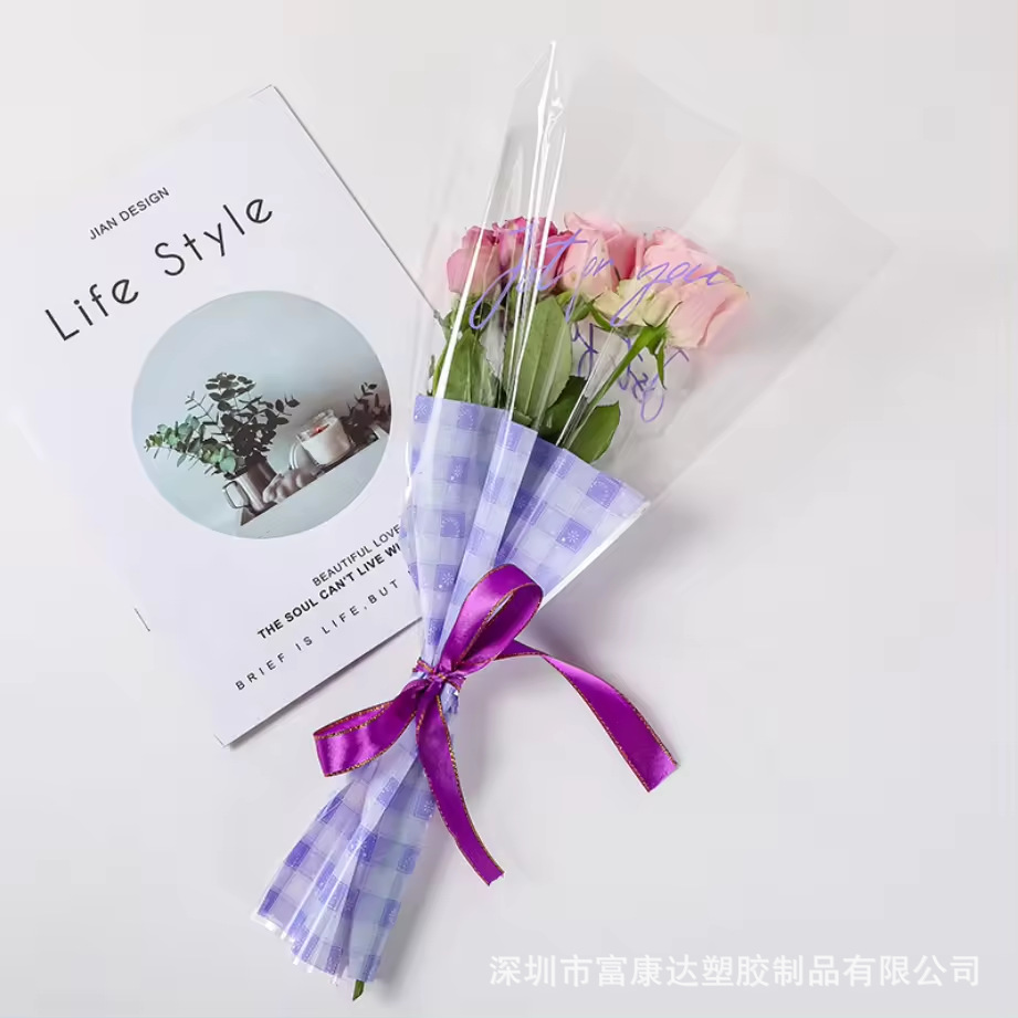Fully Transparent English Flower Bouquet Bag, Multi-Rose Packaging Bag, Single Flower Packaging Plastic Bag, Factory Direct Sale