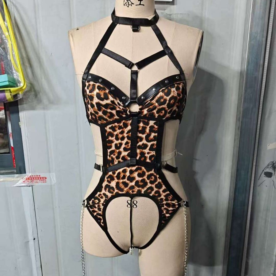 Bingliu Guo Sexy Lingerie Sexy Leopard Print Temptation One-Piece with Wild Cat Ears Headband
