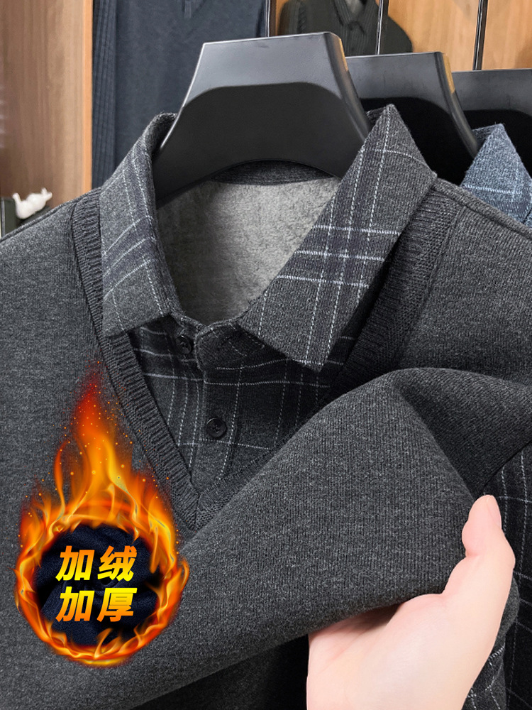 Men's Winter Wool Sweater with Fleece Lining, Thickened Dad Style, Turn-Down Collar, Faux Two-Piece, Casual Warm Base Wool Sweater for Men