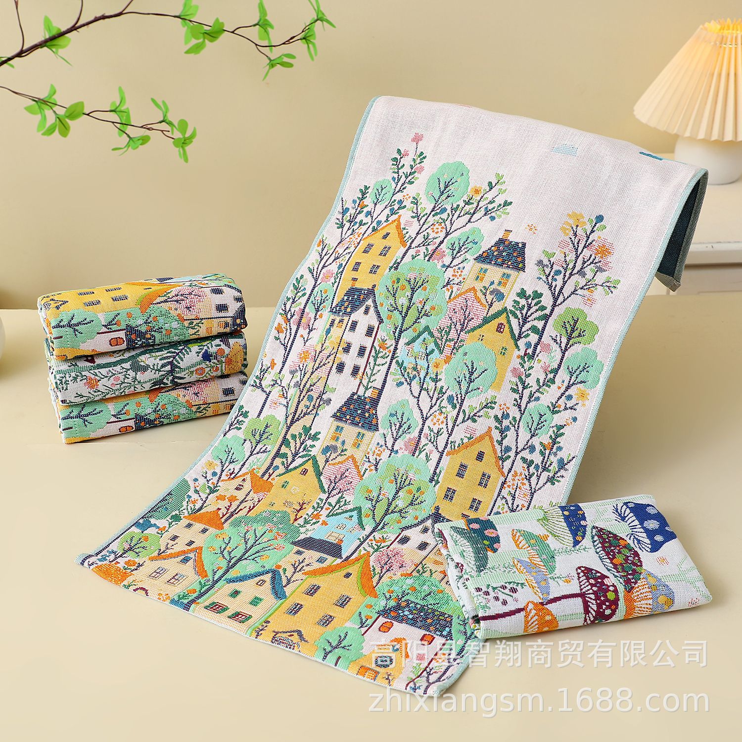 Mushroom Cross-Border Cartoon Jacquard Four-Layer Cotton Gauze Square Towel Bath Towel Soft and Breathable Gift Large Bath Towel