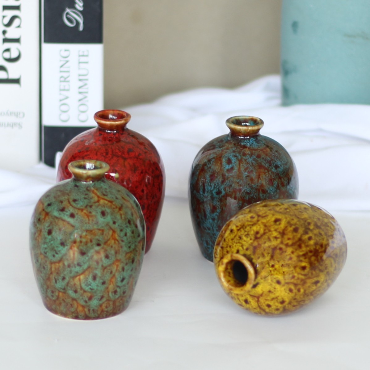 Винтажная керамическая ваза Amazon, пасторальный цветочный декор, ваза из четырех предметов, цветодержатель в пасторальном стиле