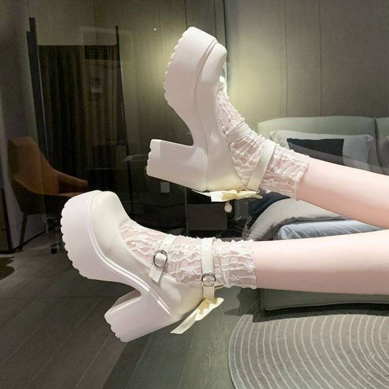 Hot Girl White High Heels Women's 2025 Spring New Waterproof Platform Heightening Sweet Bow Mary Jane Small Leather Shoes