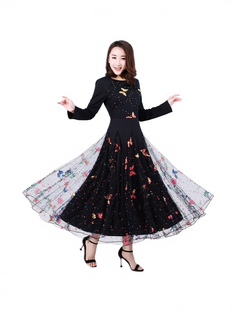 Modern Dance Skirt Dress, Large Hem Skirt, Long-Sleeved Performance Clothing, Ballroom Dance Performance Clothing, Modern Dance