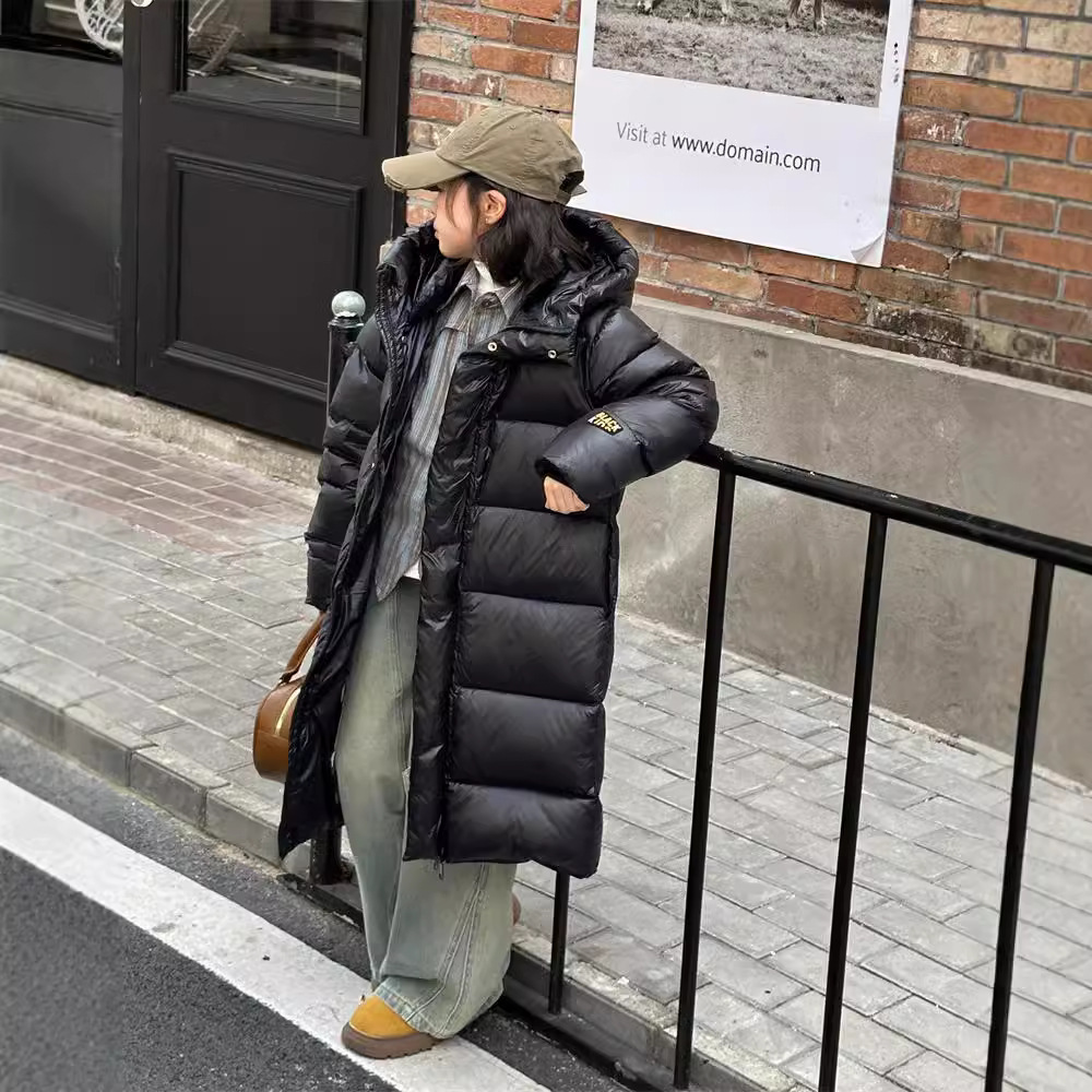 Children's down Jacket, Black and Gold, Mid-Length, Thickened with Gold Lining, Hooded Coat for Kids, Thickened and Warm