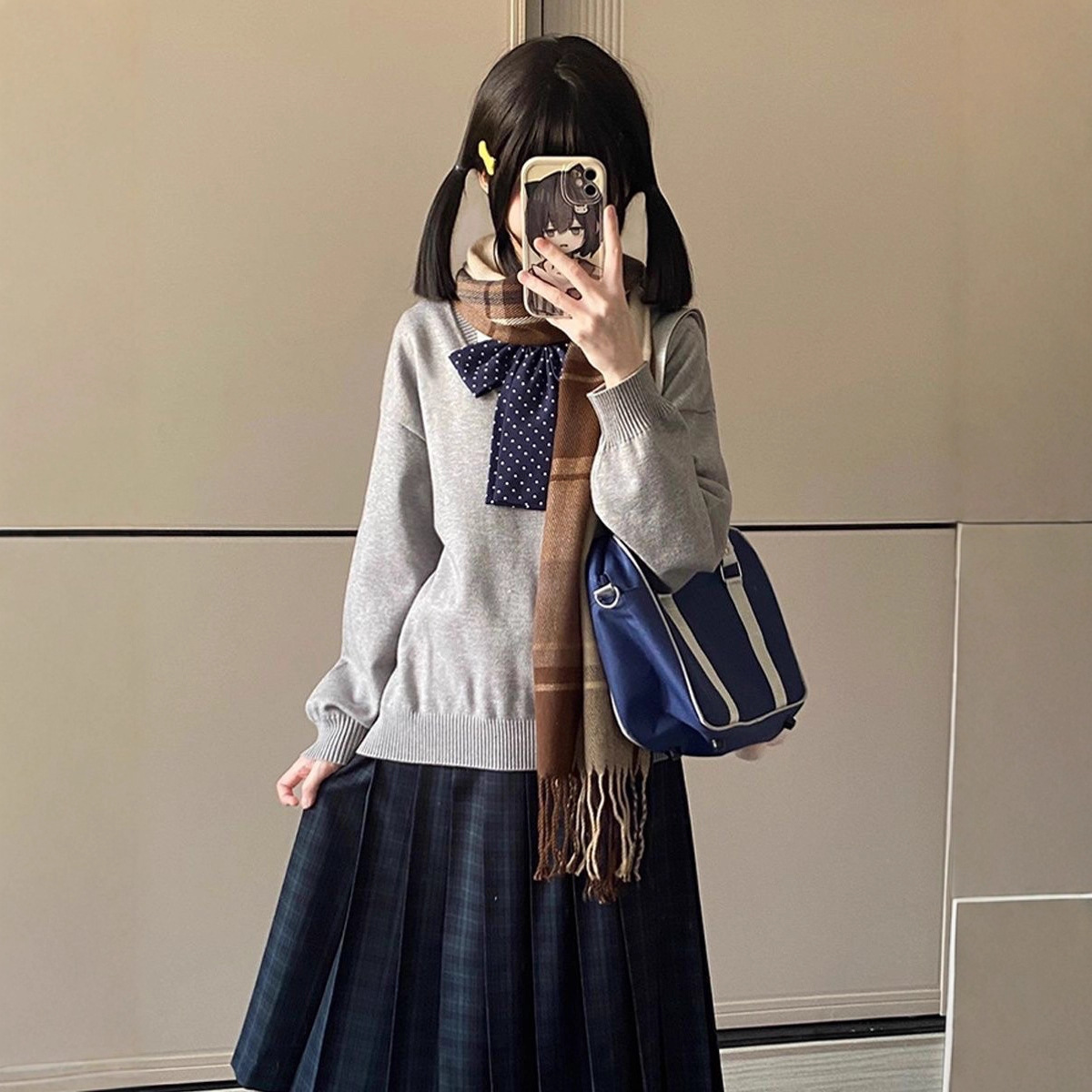 Юбка средней длины в стиле моряка, японский стиль, для миниатюрных, вязаный свитер, длинный рукав, стиль преппи, длинная юбка, осенний и зимний комплект