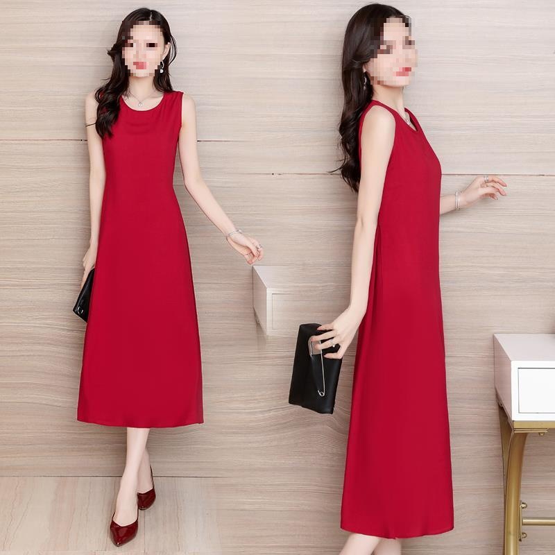 Cotton Silk Sleeveless Vest Dress Women's Long Skirt Pure Color Slimming Look Loose Large Size Mother's Wear Casual Vacation Versatile Large Hem Skirt