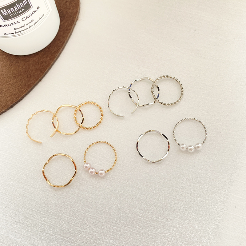 Women's Japanese and Korean Style Simple Ring ins Pearl Wave-shaped Combination Ring Five-piece Set Distinctive Ring Cyber Celebrity Tail Ring