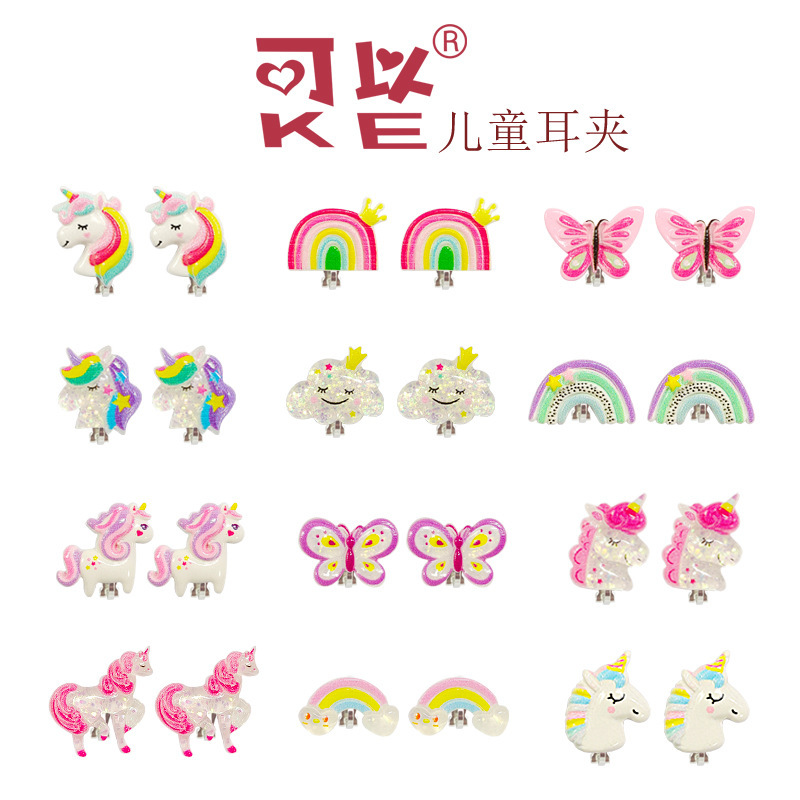 Милые мультяшные серьги для детей, зажимы для ушей с проколом, короткие безболезненные серьги для девочек