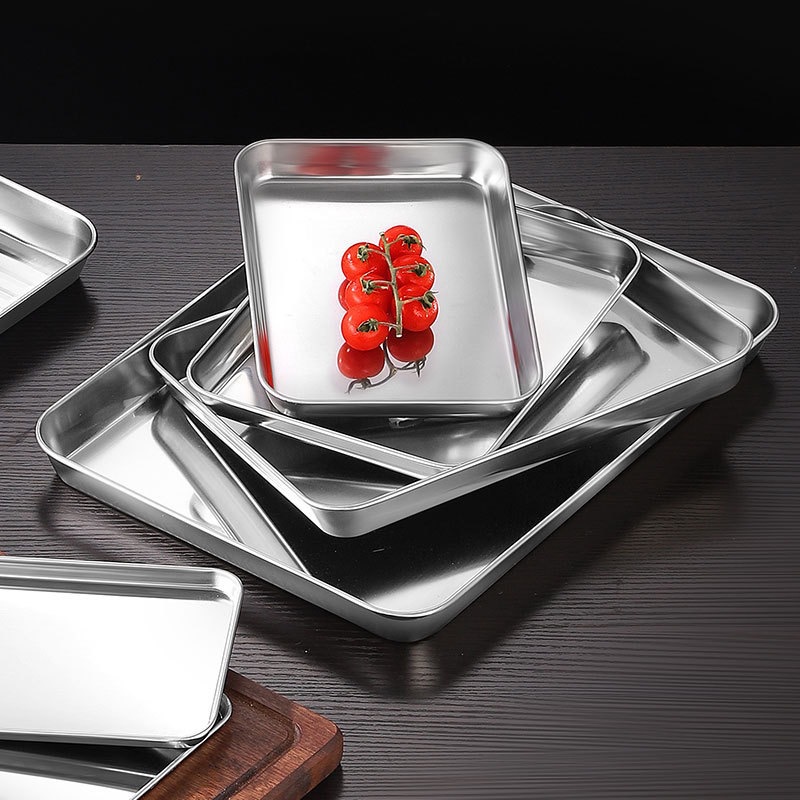 304 Cross-Border Stainless Steel Plate Rectangular Flat-Bottomed Barbecue Tray Dish Rice Roll Steaming Tray 304 Tableware Food Grade
