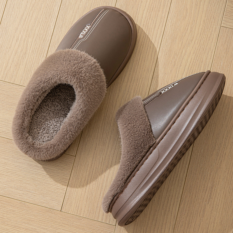 Winter Extra Large Size Cotton Slippers Men's Pu Leather Slippers Waterproof Thick-Soled Home Indoor Non-Slip Warm Shoes 47 48 49