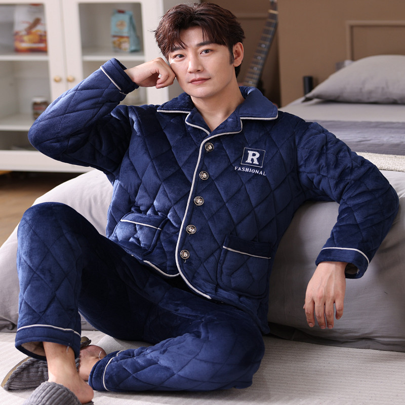 Men's Winter Thickeneded Velvet Three-Layer Quilted Coral Velvet Flannel Autumn and Winter Warm Home Clothes Set