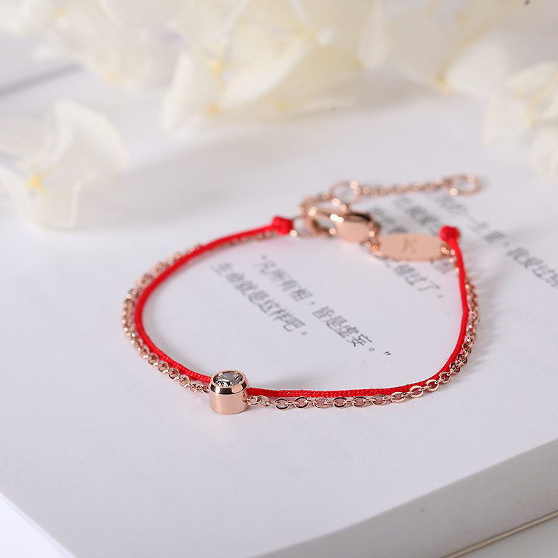 Hot Rose Gold Diamond Single Diamond Double Layer Red Rope Bracelet for Women in the Year of the Monkey and the Year of the Monkey, Korean Style Titanium Steel Bracelet