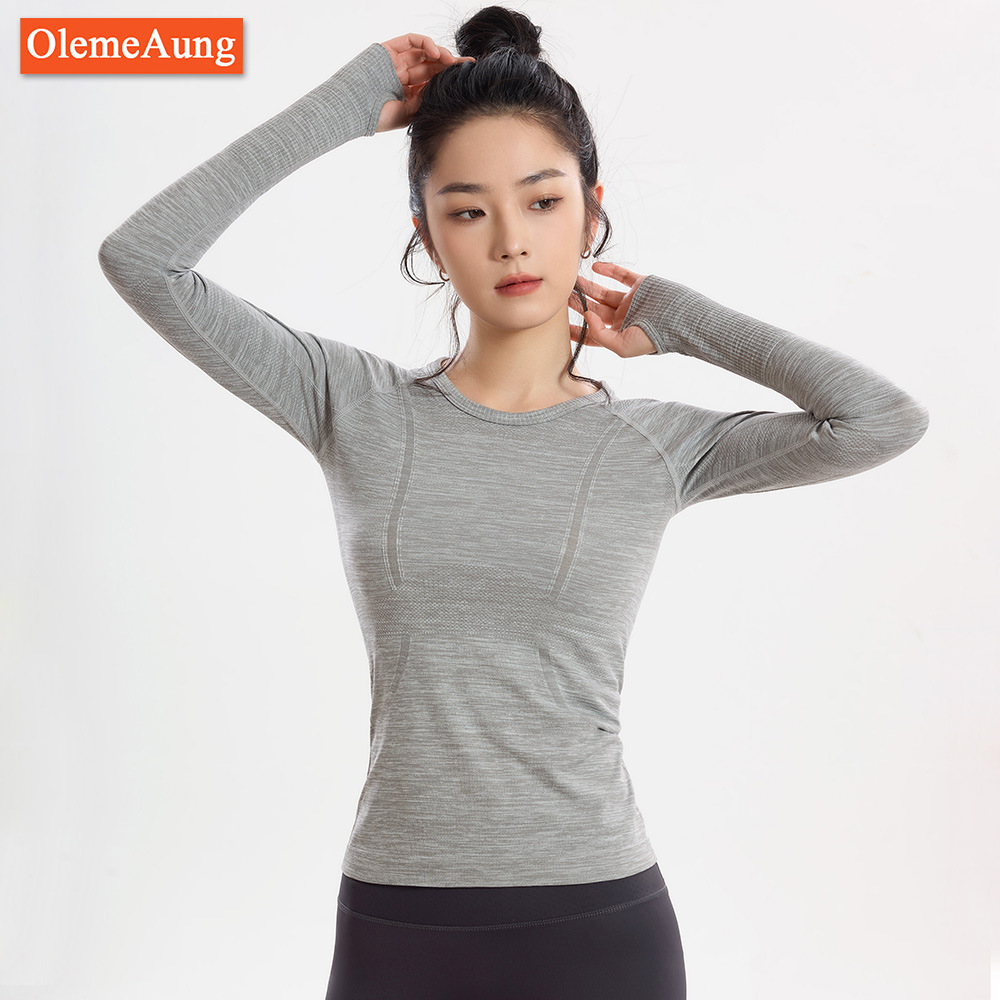 Бесшовная комбинезонная йога одежда, круглый вырез, облегающий, спортивная длинная футболка, осень и зима 2024 года, универсальная