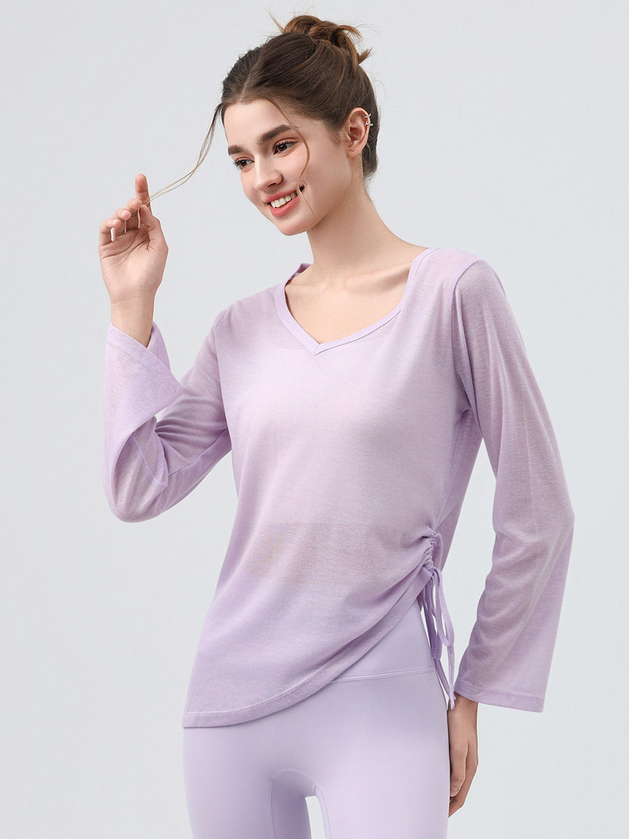 Thin Yoga Blouse Long-Sleeved Hip-Covering Women's Pleated Drawstring T-Shirt Loose Casual Spring and Summer Fitness Yoga Wear