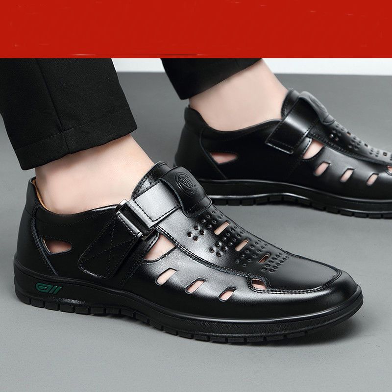 Summer Hollow Leather Sandals for Men, Daily Casual, Breathable, Business Soft-Surface Clogs, Middle-Aged and Elderly Wear-Resistant Dad Shoes