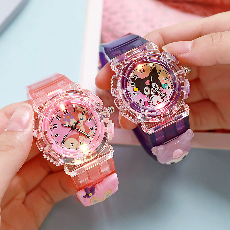 Cartoon Transparent Children's Watch Kuromi Luminous Electronic Watch Female Primary and Secondary School Students Digital Pointer Quartz Watch