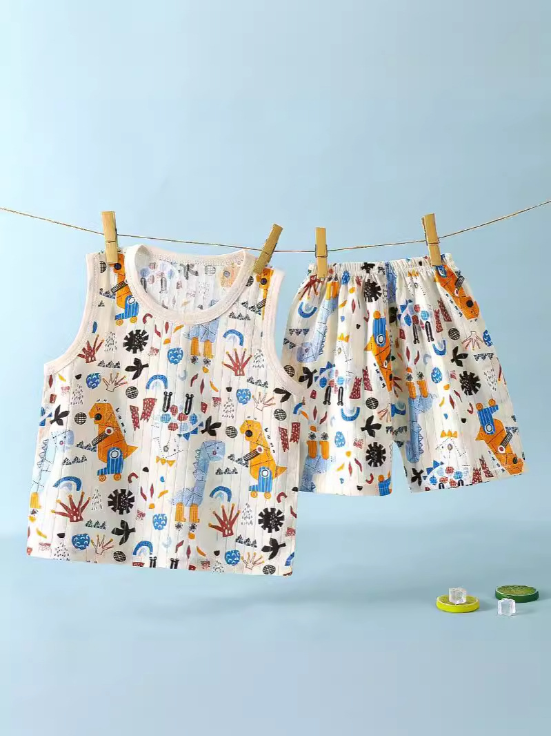 Children's Summer Jacquard Cotton Vest Shorts Suit New Style Male and Female Baby Sleeveless Cartoon Breathable Kidsren's Clothing Trendy