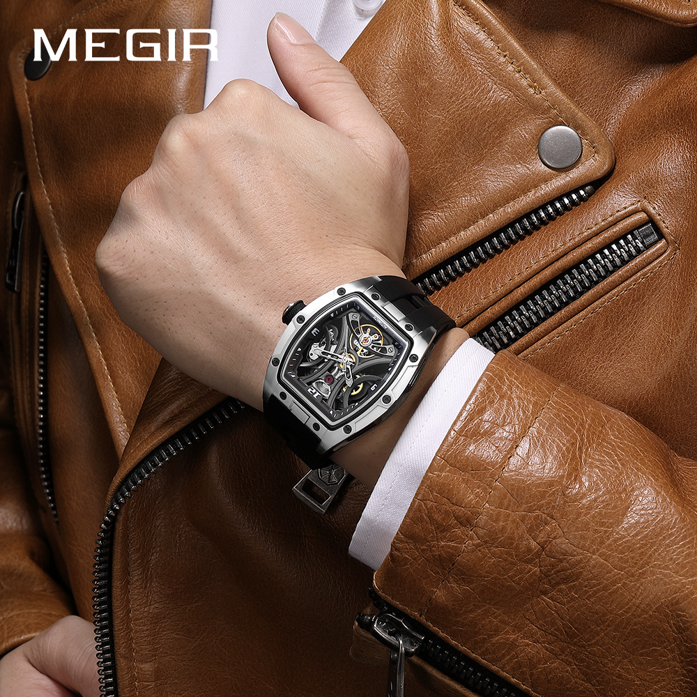 Megir Watch New Wine Barrel Men's Watch Steel Case Full Hollow Automatic Mechanical Watch Men's Watch Automatic