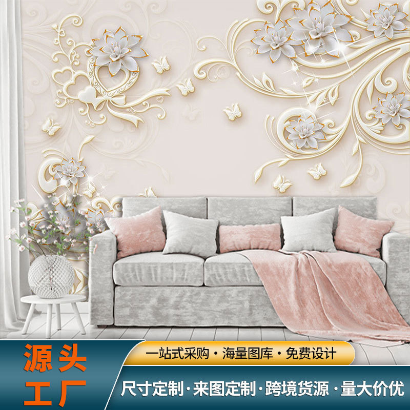 Декоративный изголовье кровати Мурал Простой Европейский стиль Сияющий узор Пленка Обои Трехмерный рельеф Цветочный фон Обивка стен