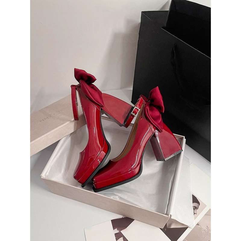 Red Square Heel Wedding Shoes for Small Women 2025 Early Spring New Bridal Shoes Waterproof Platform Heightening Thick Sole Mary Jane Shoes