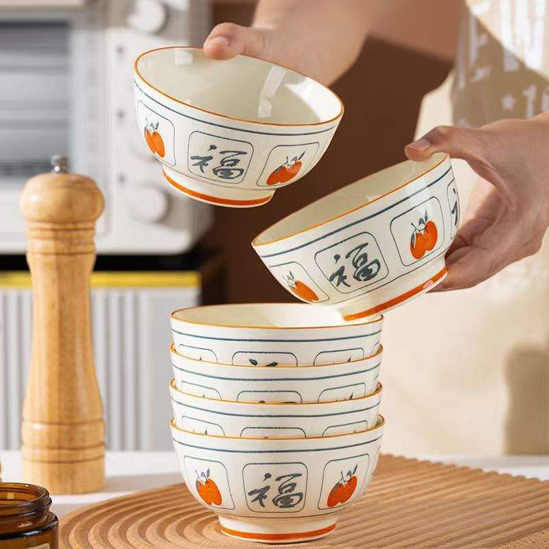 Everything Goes Well Chinese Underglaze Color Ceramic Household Rice Bowl High-Value Eating Bowl Cream Style Dishes Plate