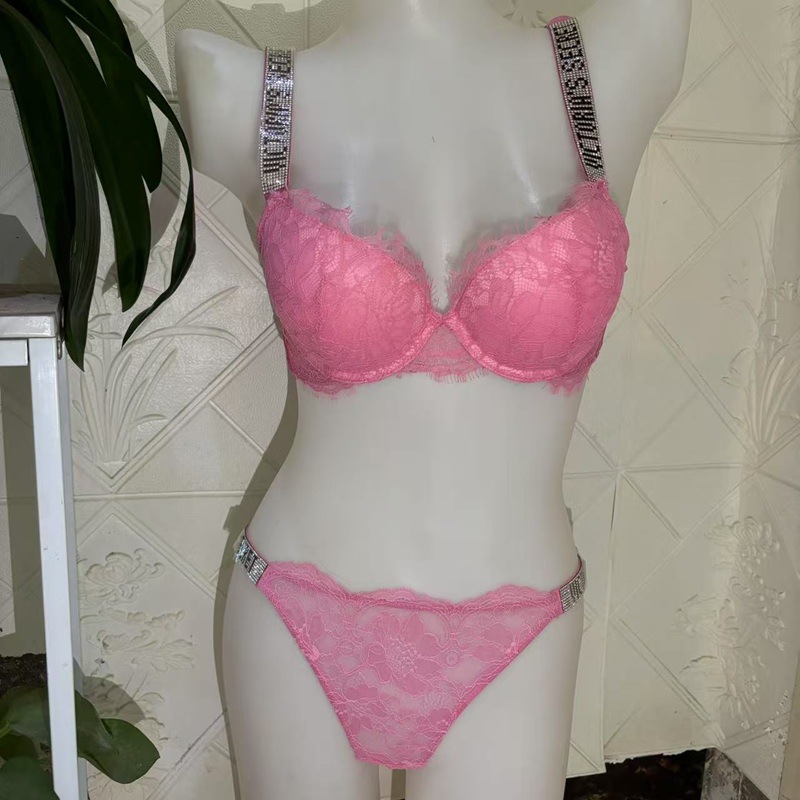 Hot-Selling Victoria's Secret Letter Rhinestone Sexy Lace Underwire Bra and Panty Set Sexy