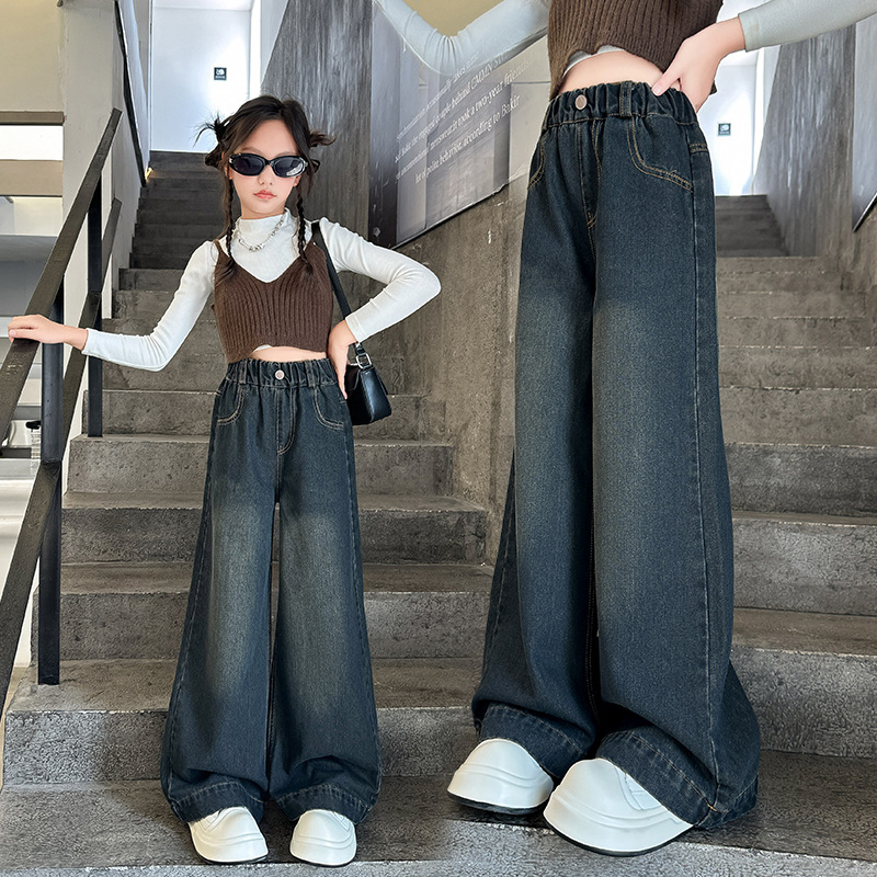 Girls' Pants Spring and Autumn Fashionable Trendy Autumn Wide-Leg Pants for Older Children Internet Celebrity Street Style Autumn Loose Children's Jeans