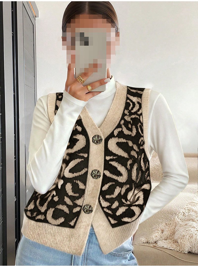 Foreign Trade Cross-Border Leopard Print V Neck Knitted Cardigan Jacket Women's Autumn and Winter Popular Fashion Casual Sweater