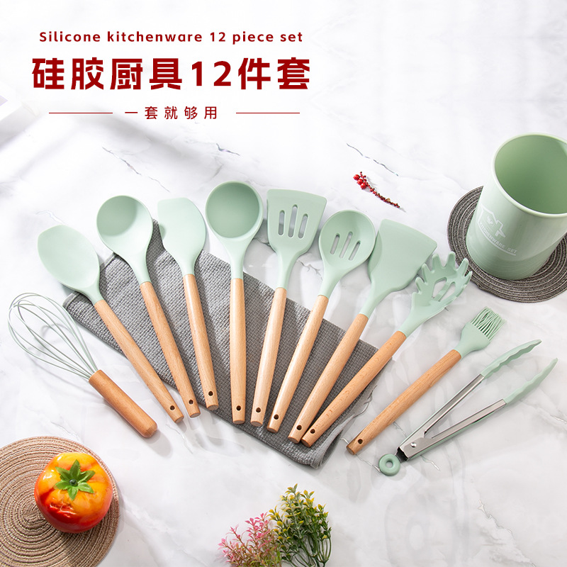 Cross-Border Kitchen Set Wooden Handle Silicone Spatula Cooking Spoon Non-Stick Frying Spatula 12 Sets Storage Bucket Ready for Sale