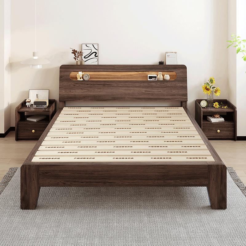 Solid Wood Bed Deep Walnut Style 1.5m Home Double Bed 1.8 Master Bedroom Economical Single Bed Frame for Rental Housing